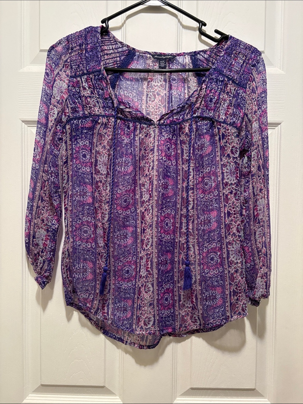 American Eagle Outfitters Purple Printed Peasant Blouse